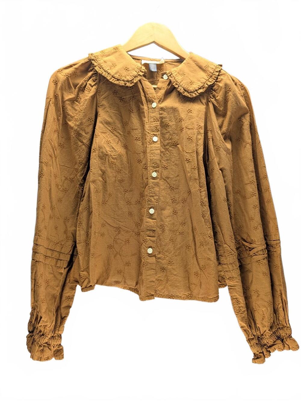 Universal Thread Brown Embroidered Button-Up Blouse Ruffle